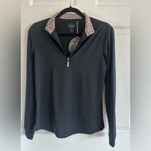 Equestrian Apparel -Women's Black Quarter-Zip Pullover with Tan Leopard Collar